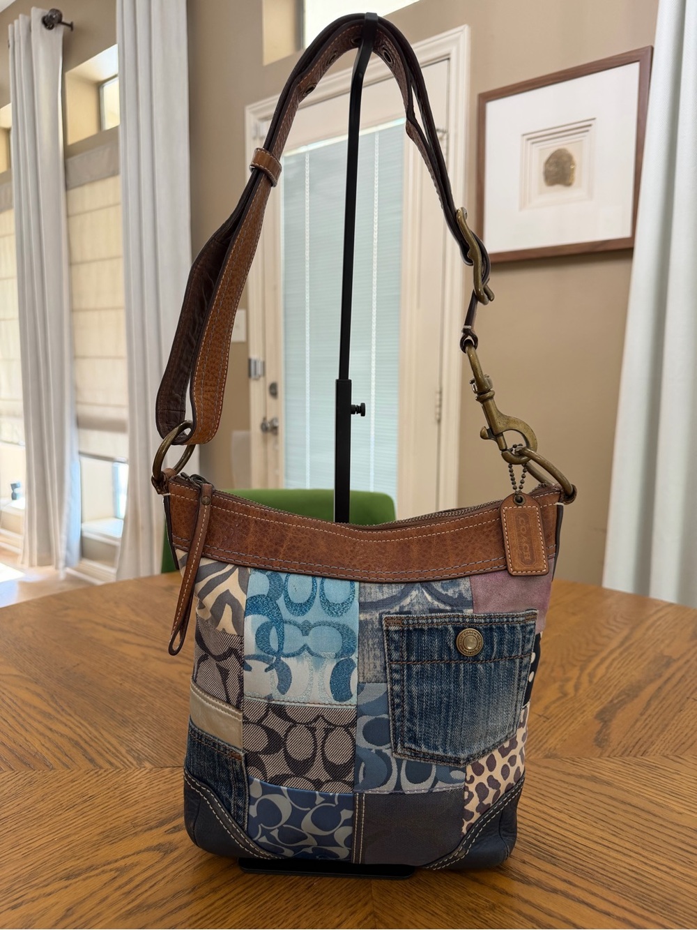 Coach Patchwork Signature Denim & Leather Shoulder Bag in Brown and Blue